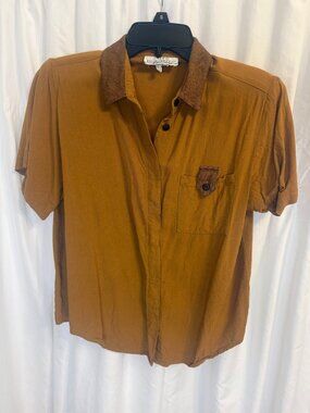 Petite Illustrations Vintage Mustard Button-Up Shirt Contrast Collar & Chest Poc